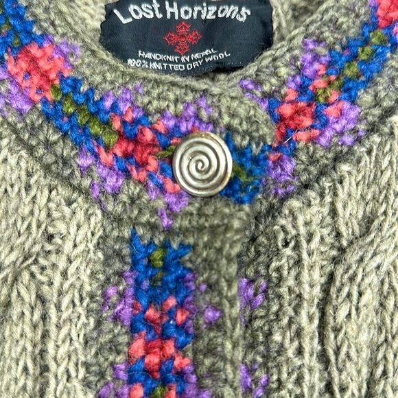 Lost Horizons Nepal Olive Green Wool Nordic Hand Knitted Cardigan Sweater L - Picture 9 of 12